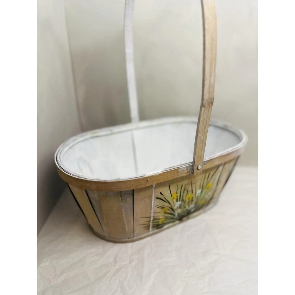 Vintage Hand Painted Basket Yellow Floral Handle Large Whitewashed Split Wood